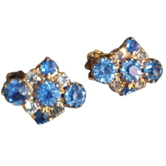Vintage Gold-Tone Blue Rhinestone Clip-On Earrings 6/8" - Picture 4 of 5